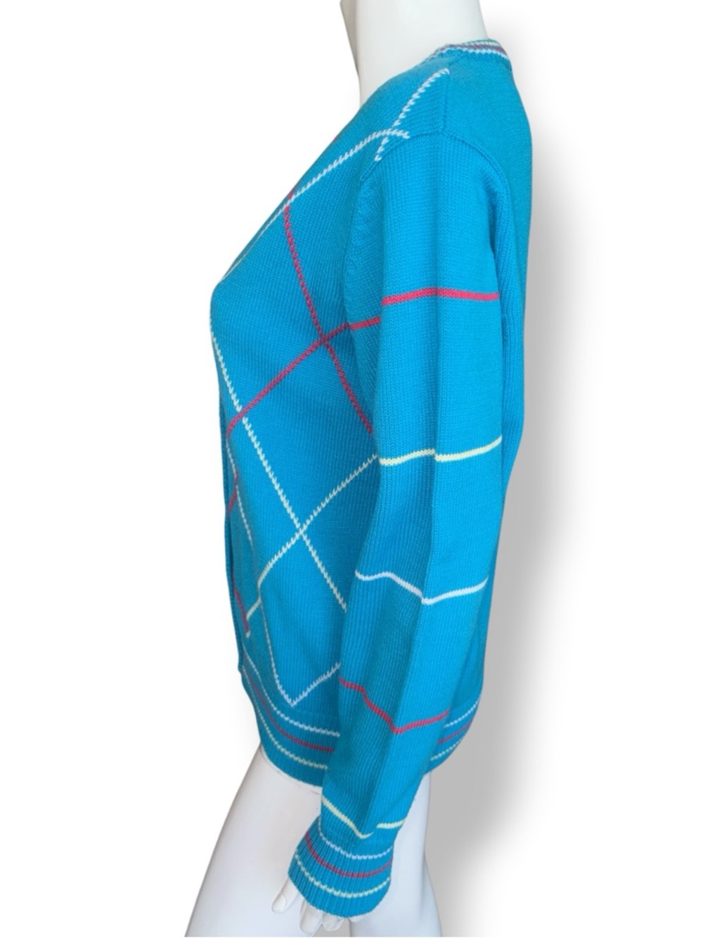 Aurea Bright Teal Argyle Button-Front Cardigan. Women’s Size Medium - Picture 4 of 7